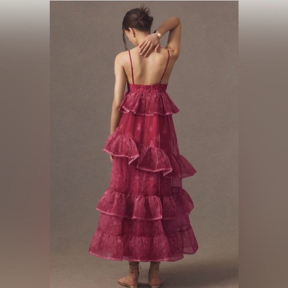 Let Me Be Sleeveless Sheer Tiered Midi Dress Anthropologie In: Pink - Picture 2 of 4